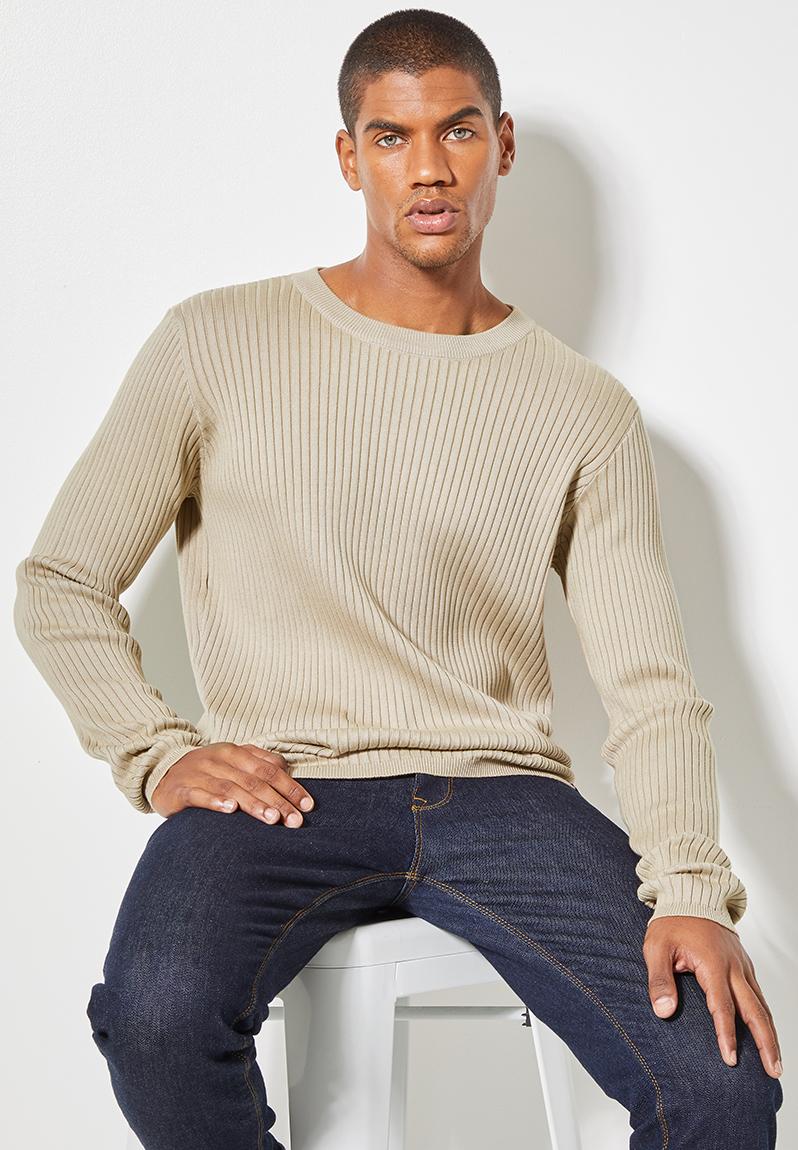 Slim fit ribbed crew neck knit - taupe Superbalist Knitwear ...