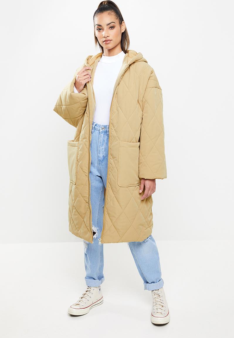 Petite quilted longline os coat - stone Missguided Jackets & Coats ...