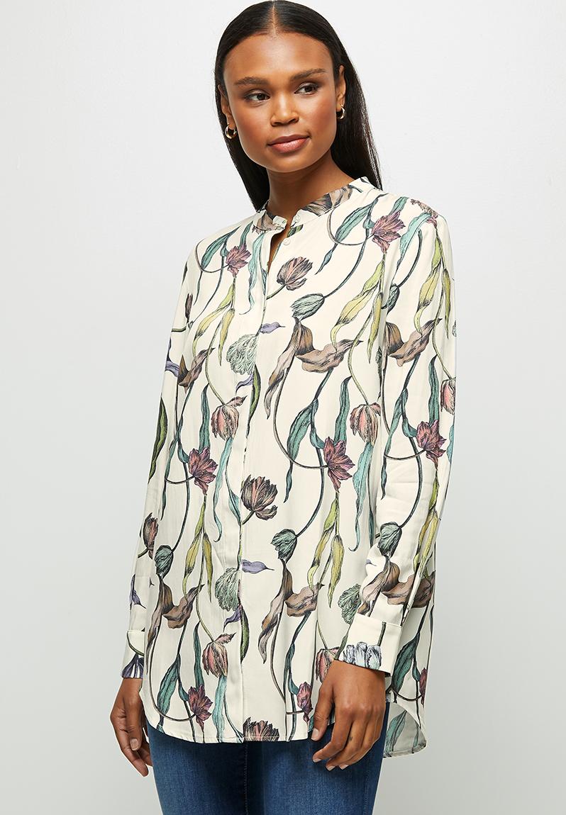 Mandarin printed longline shirt - multi floral. edit Shirts ...