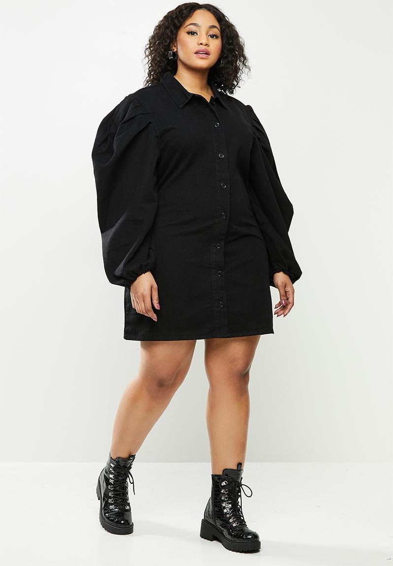 Plus long sleeve puff sleeve shirt dress - black Missguided Dresses ...