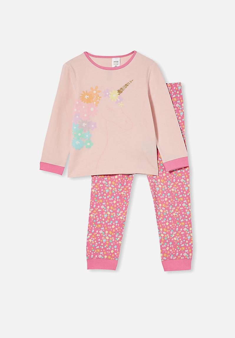 Florence long sleeve pyjama set - floral mane unicorn / crystal pink ...