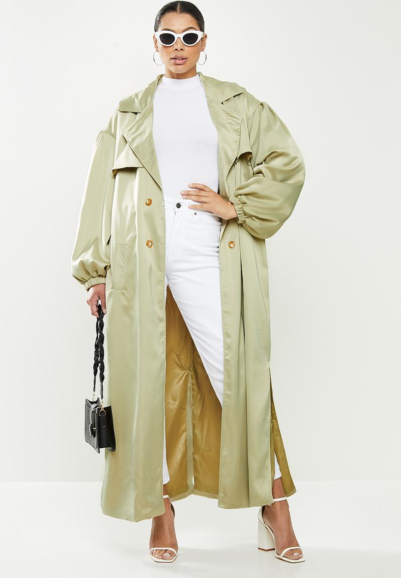 Premium satin balloon sleeve trench - olive Missguided Coats ...