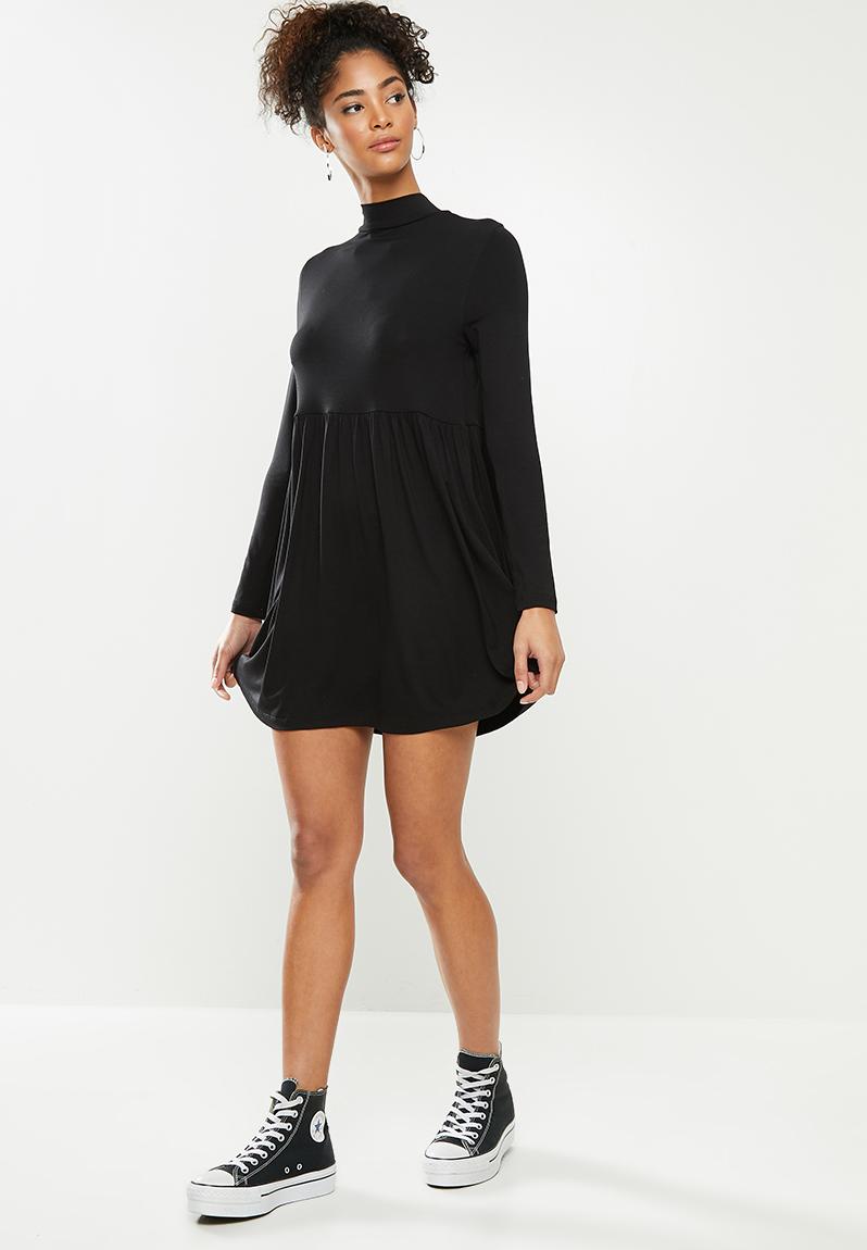 Long sleeve babydoll mini dress with turtleneck - black Blake Casual ...