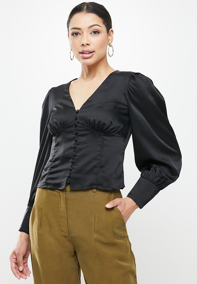 Satin button front puff sleeve blouse - black satin Glamorous Blouses ...
