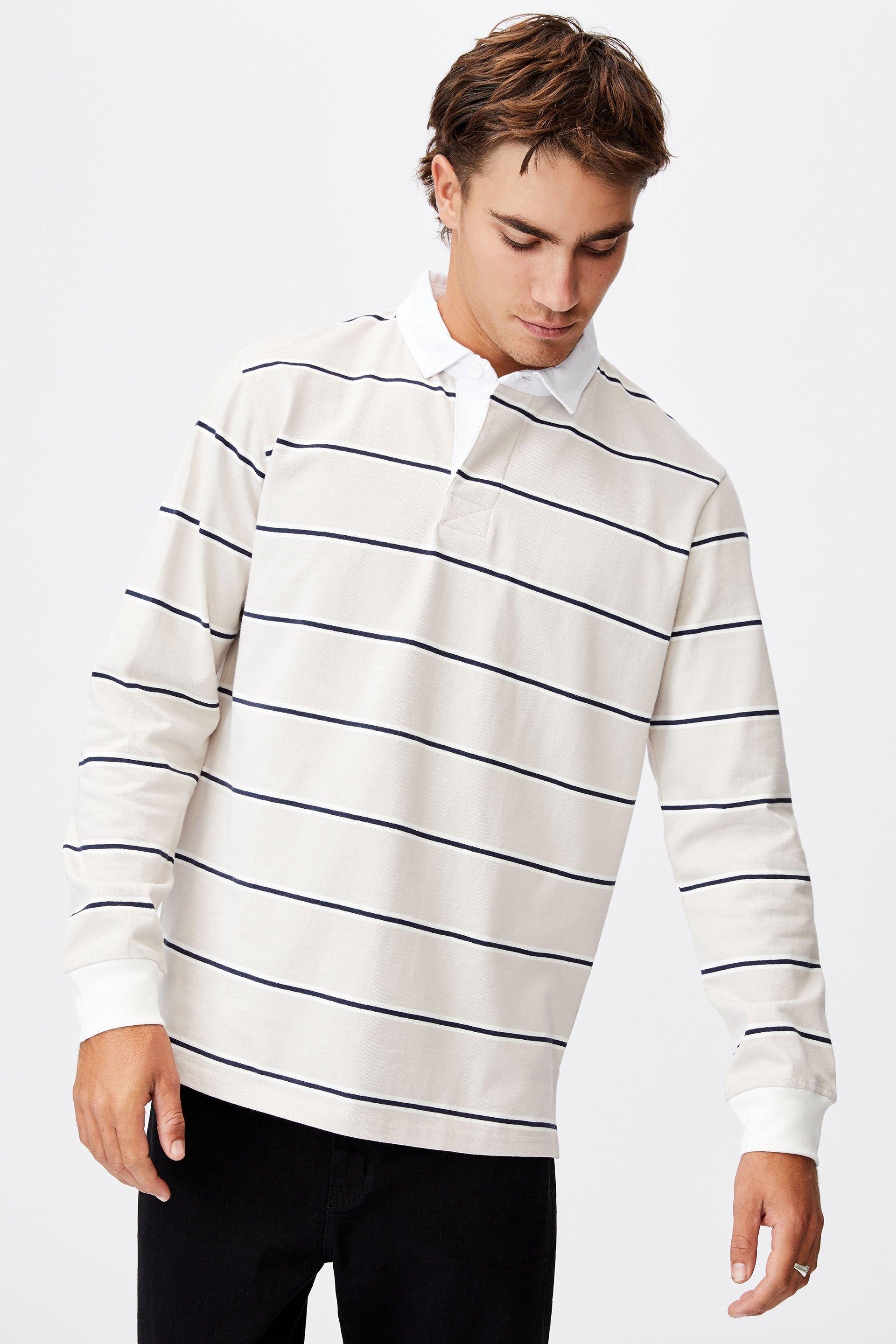 Rugby long sleeve polo - sand navy white stripe Cotton On T-Shirts ...