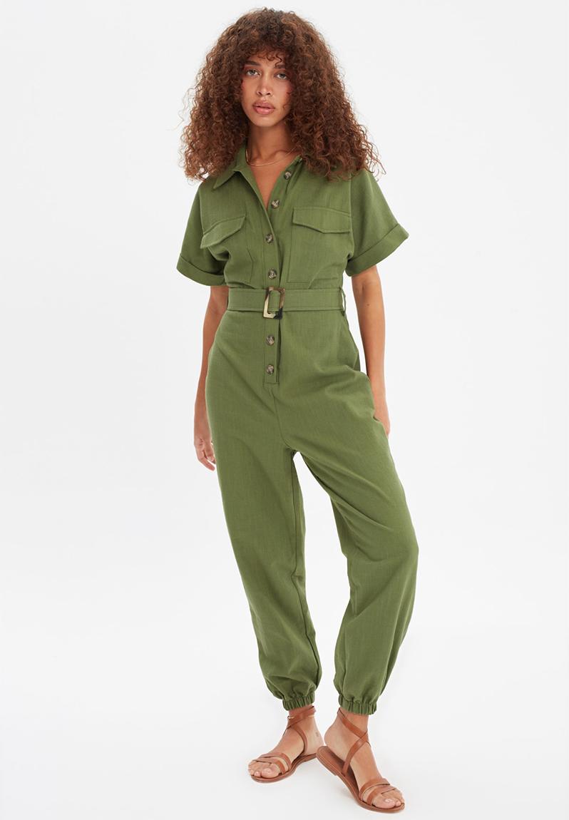 Belted button jumpsuit - green Trendyol Jumpsuits & Playsuits ...