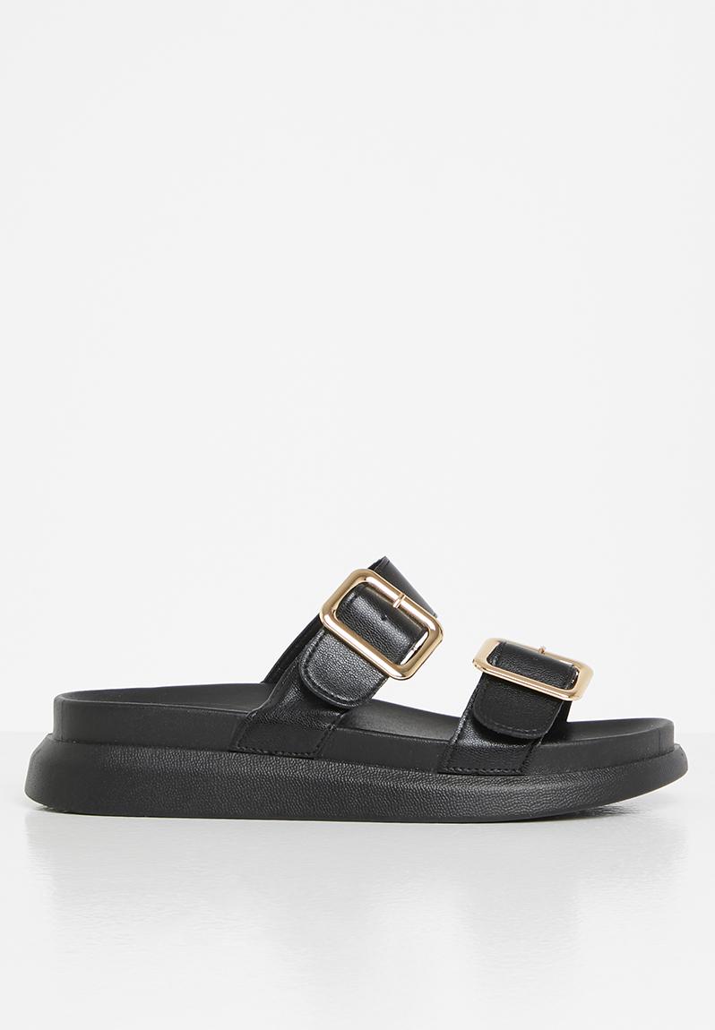 Kaylee double strap big buckle slide - full black Plum Sandals & Flip ...