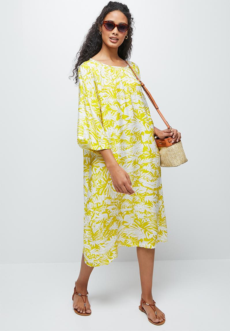 Gauged neck oversized kaftan dress - Yellow abstract palm edit Casual ...