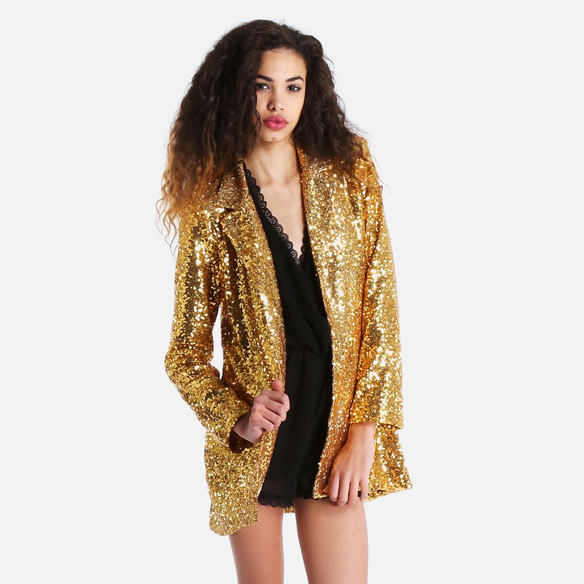 Two-Piece Set with Sequin Blazer and Flared Trousers - Gold main image 1