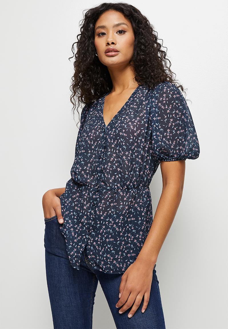 Puffed sleeve peplum blouses - navy ditsy edit Blouses | Superbalist.com