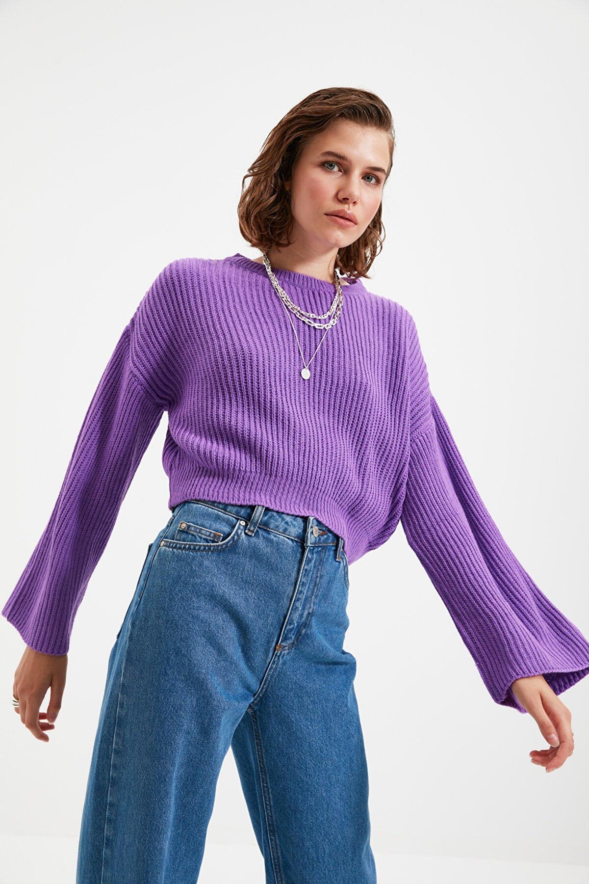 Crop spanish sleeve knit sweater - purple Trendyol Knitwear ...