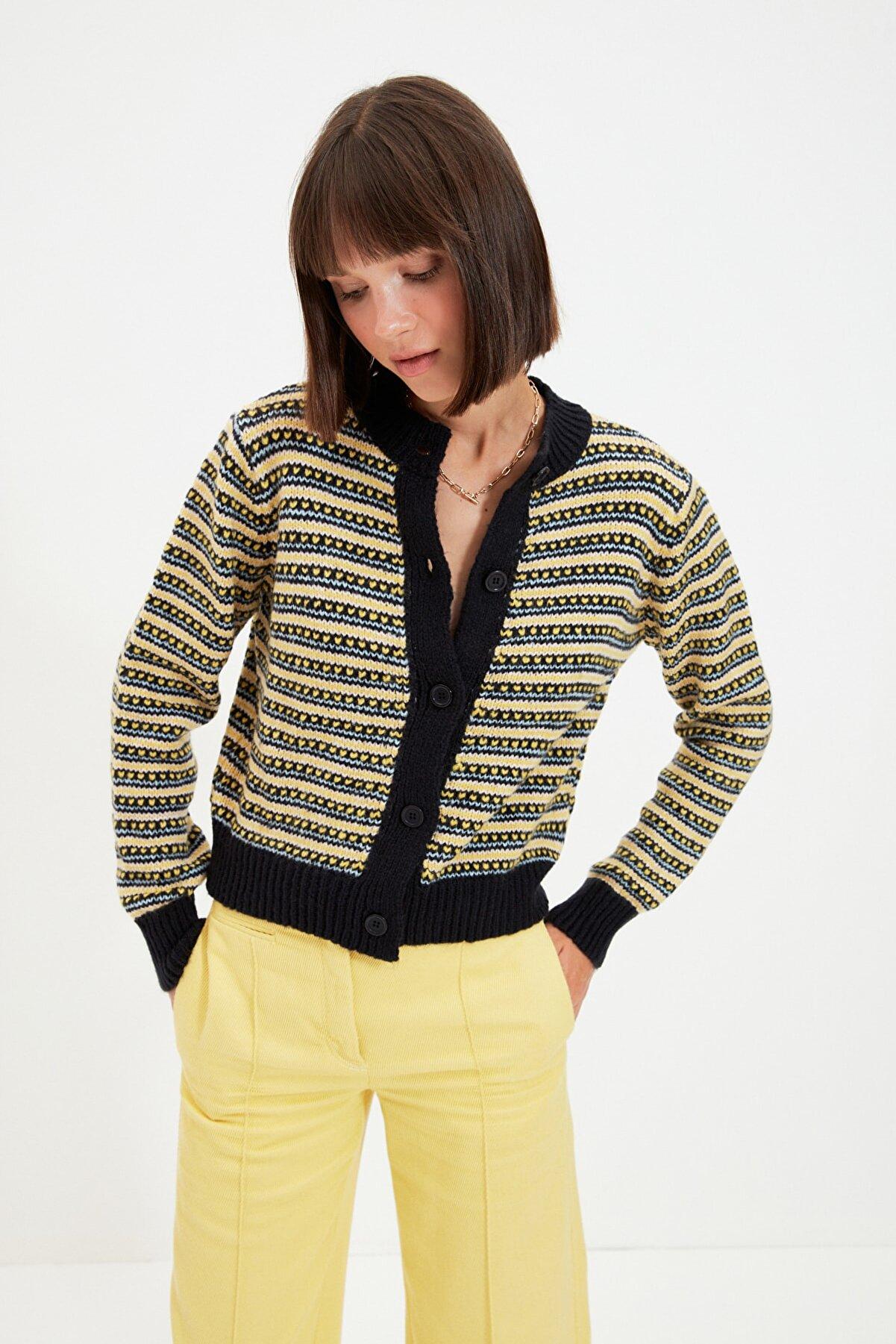 Button Detailed Striped Knit Cardigan - Navy Trendyol Knitwear ...