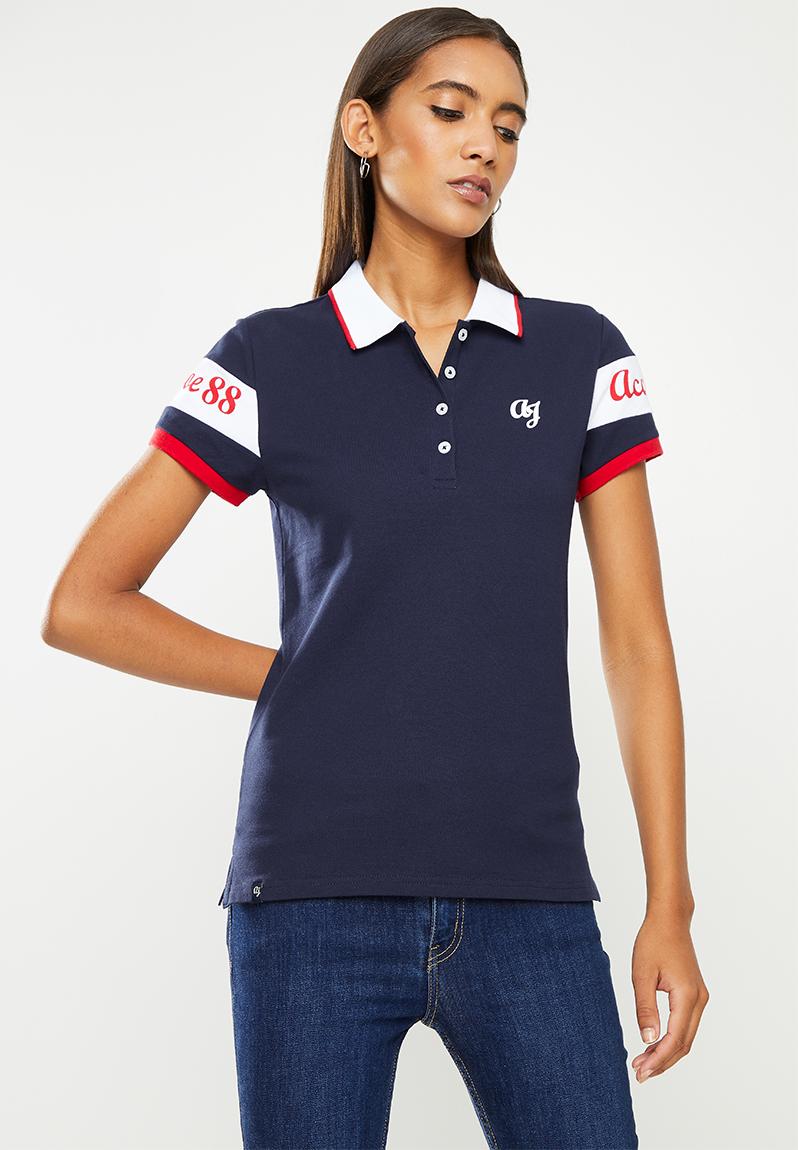 Ladies aca joe high square sleeve stripe golfer - navy Aca Joe T-Shirts ...