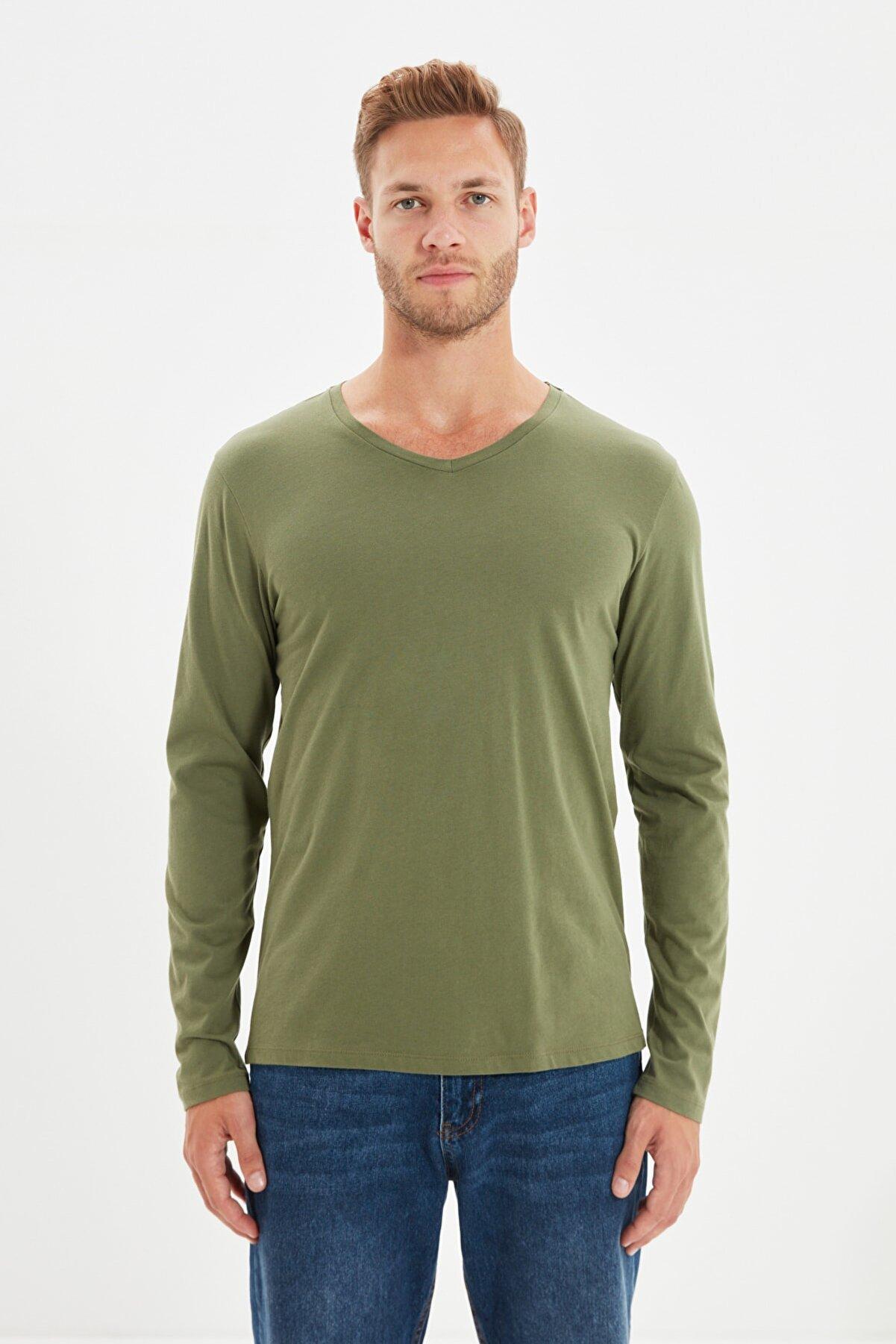 High v neck long sleeve tee - khaki Trendyol T-Shirts & Vests ...