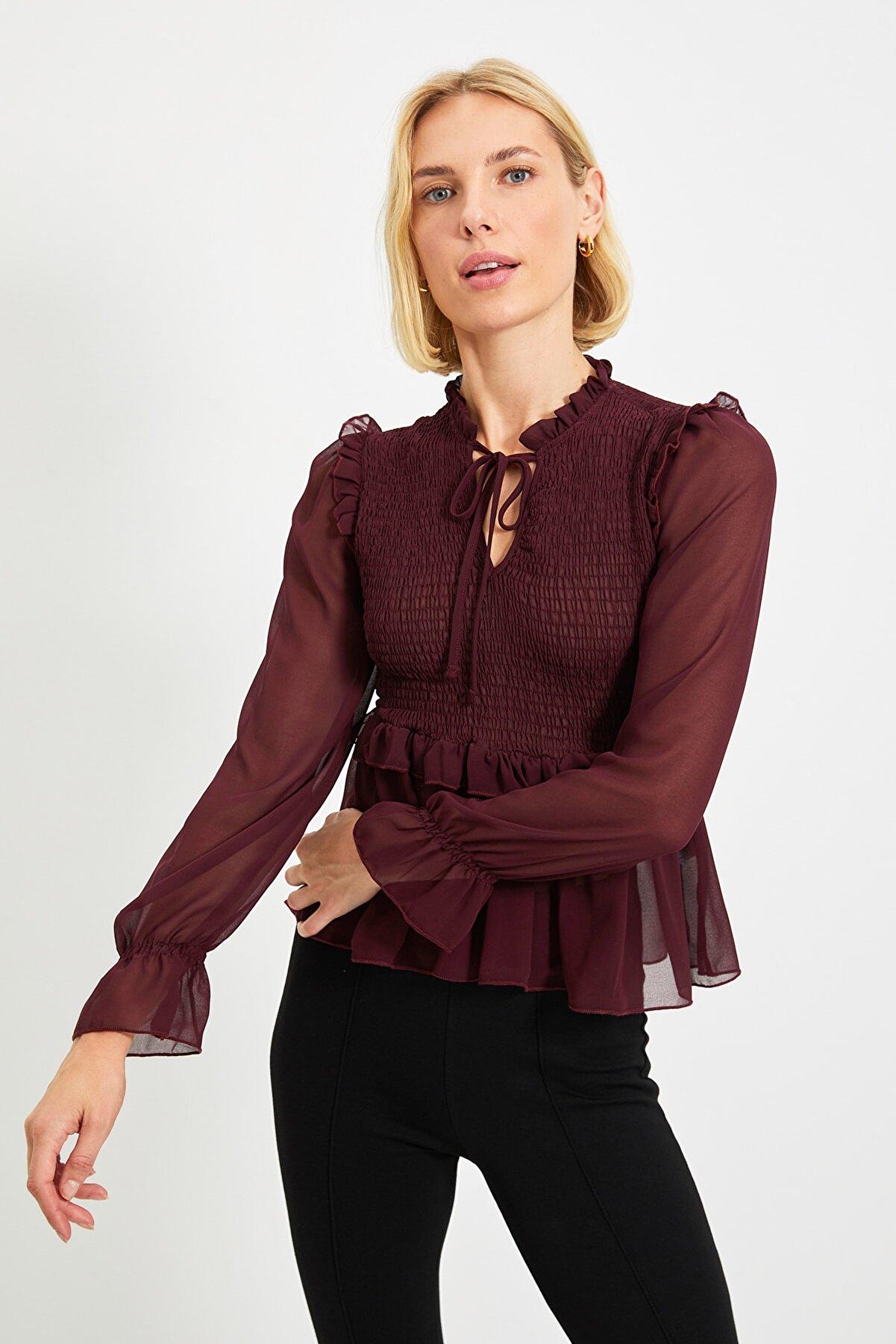 Gipele peplum lace-up chiffon blouse - plum Trendyol Shirts ...