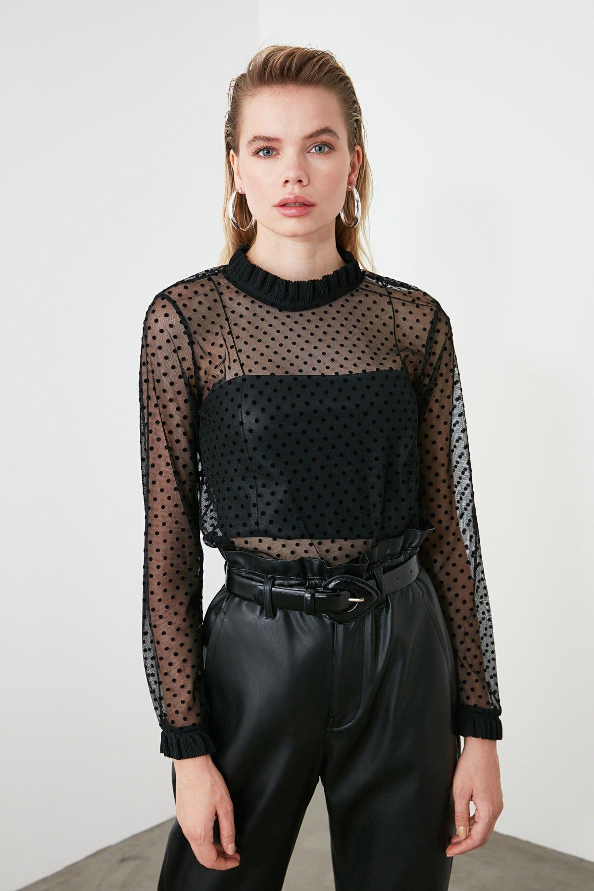 Polka dot tulle top - black Trendyol T-Shirts, Vests & Camis ...