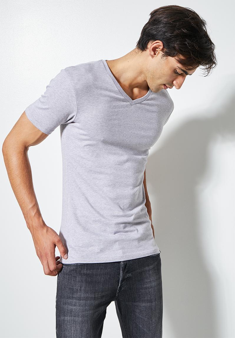 Plain muscle fit vee neck tee - grey melange Superbalist T-Shirts ...