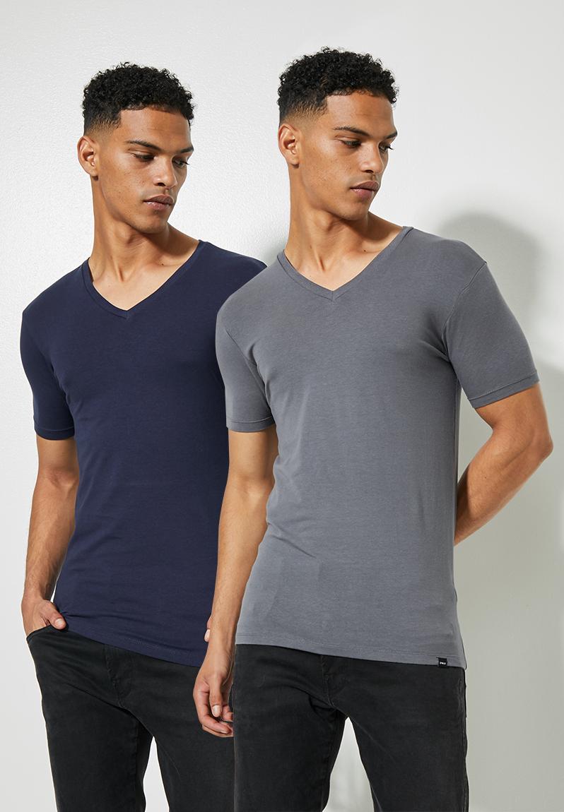 2-pack plain muscle fit vee neck tee - navy/charcoal grey. Superbalist ...