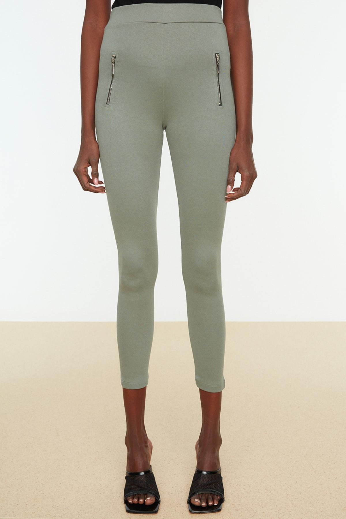 Zipper knitted leggings - light khaki 