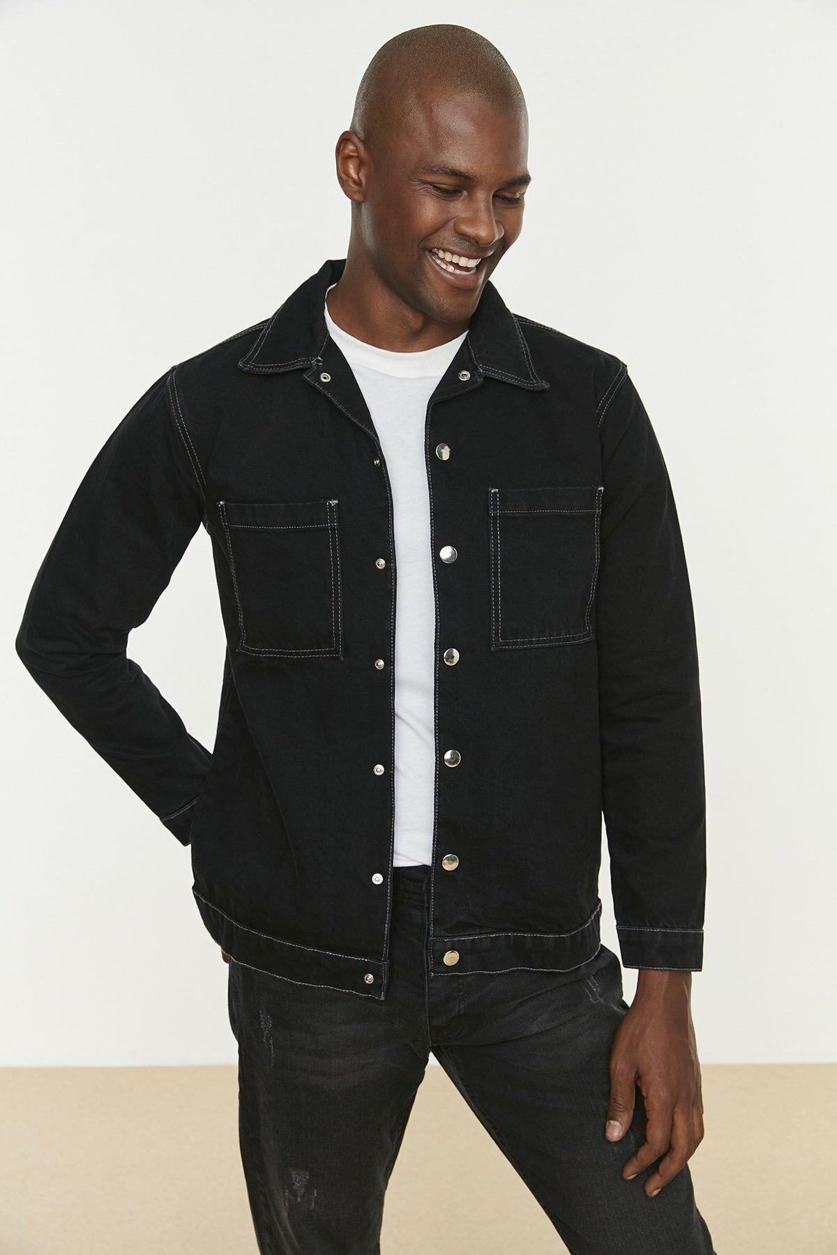 Contrast stitch denim jacket - black 