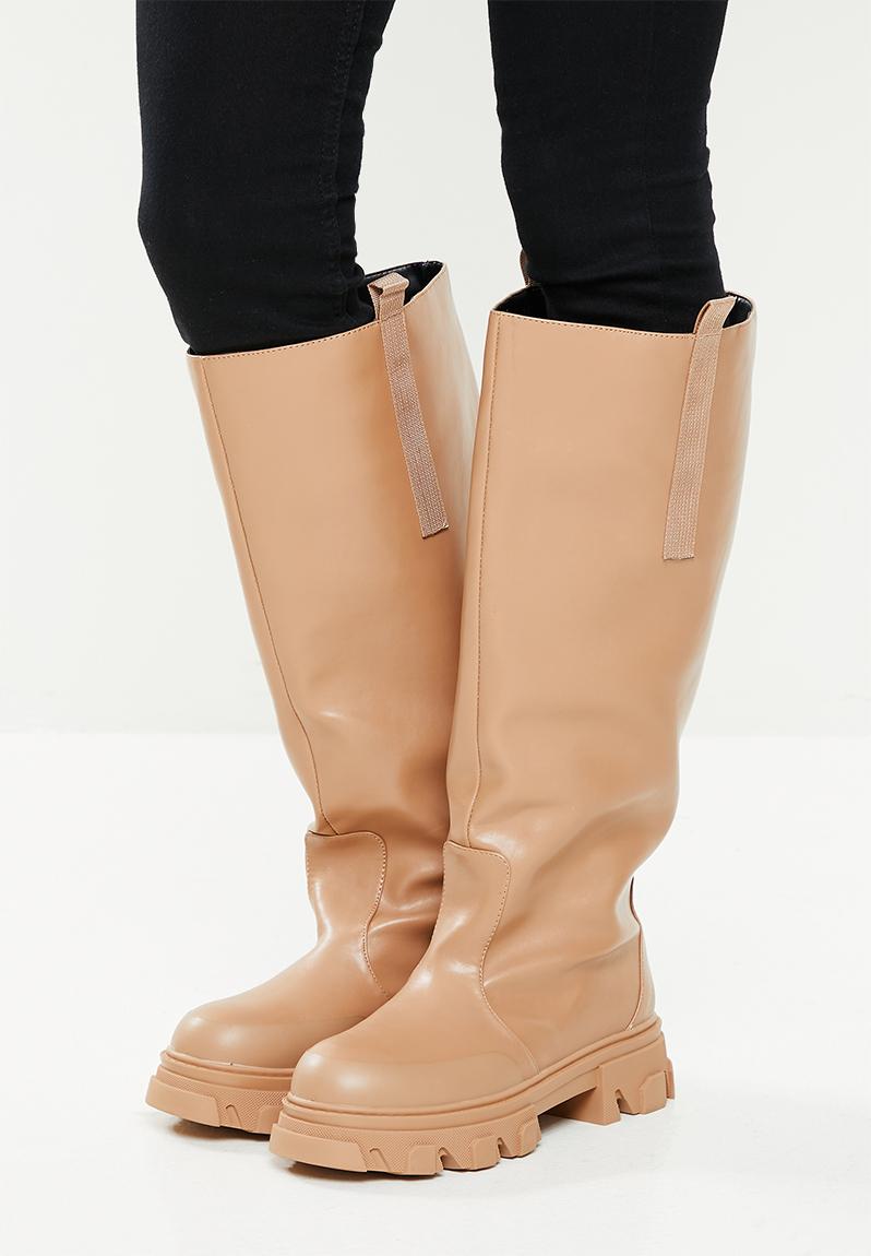 genius tan knee high chunky sole boots