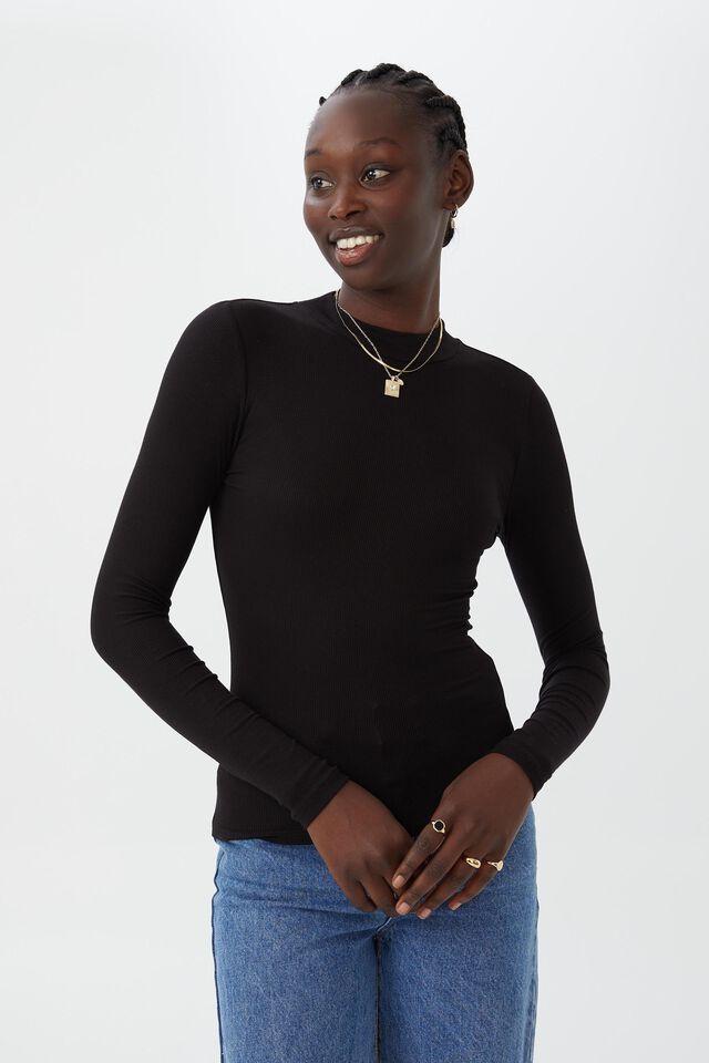 Cotton On Staple Rib Mock Neck Long Sleeve Top Black, Women's T-shirts, Vests \u0026 Camis, Xs, Viscose Blend