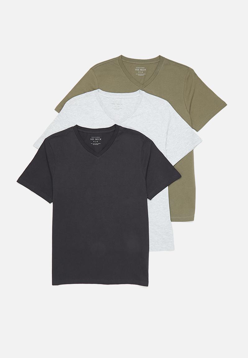 Mens essential vee neck tee 3 pack-ink navy/light grey marle/military ...