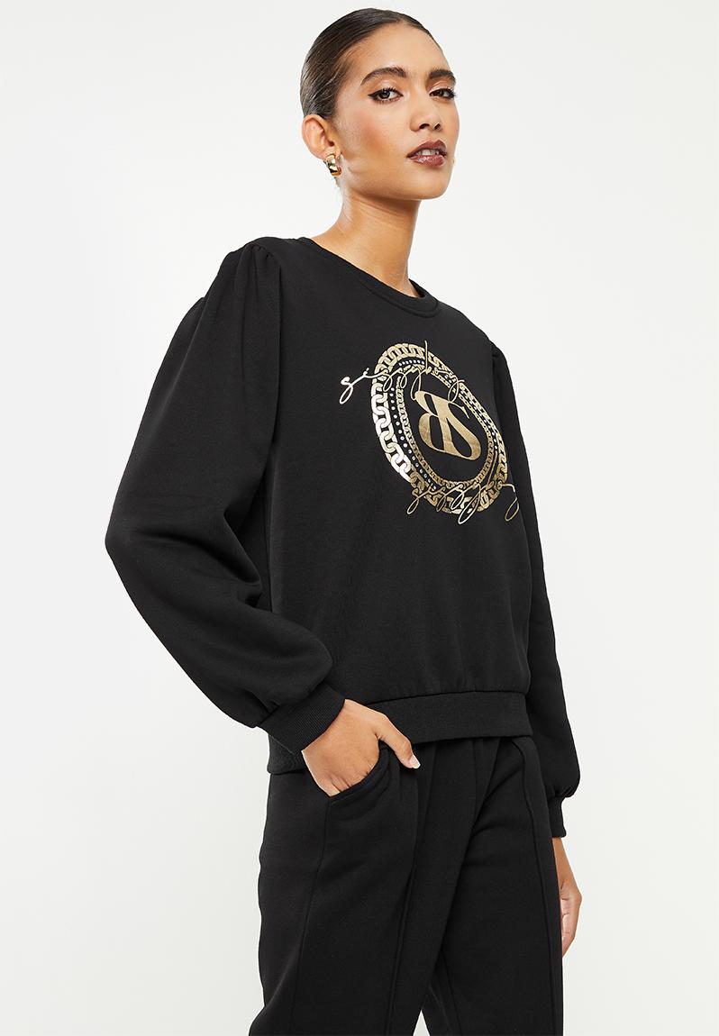 Crew neck long sleeve sweater with mixed prints and bling logo - black ...