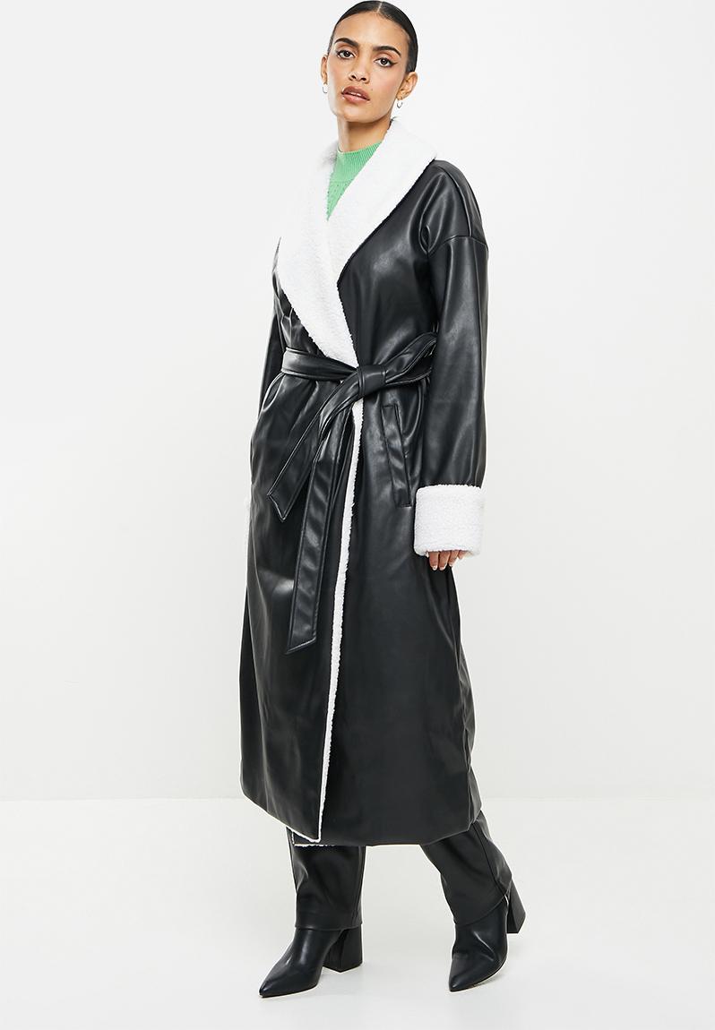 Borg Shawl Collar Pu Trench Black Missguided Coats