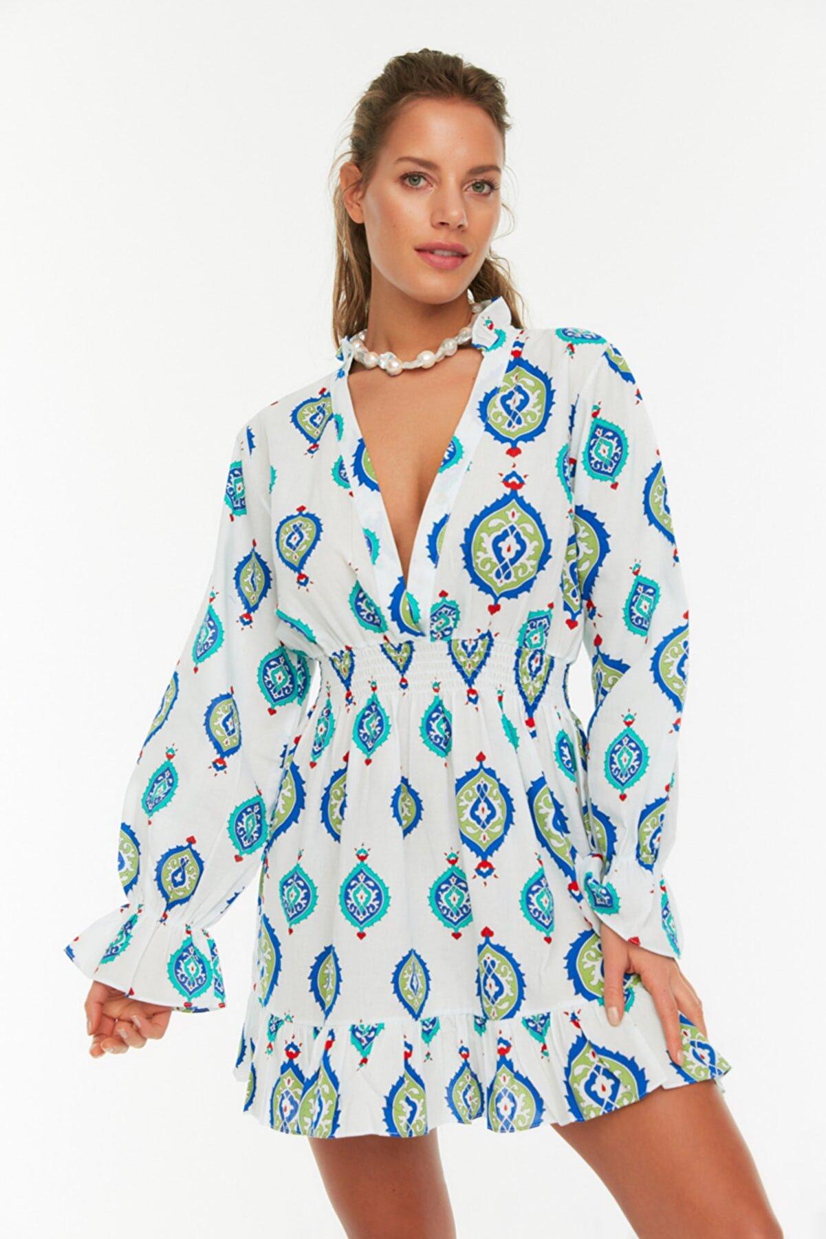 Ethnic patterned voile beach dress - white Trendyol Kaftans & Cover Ups ...