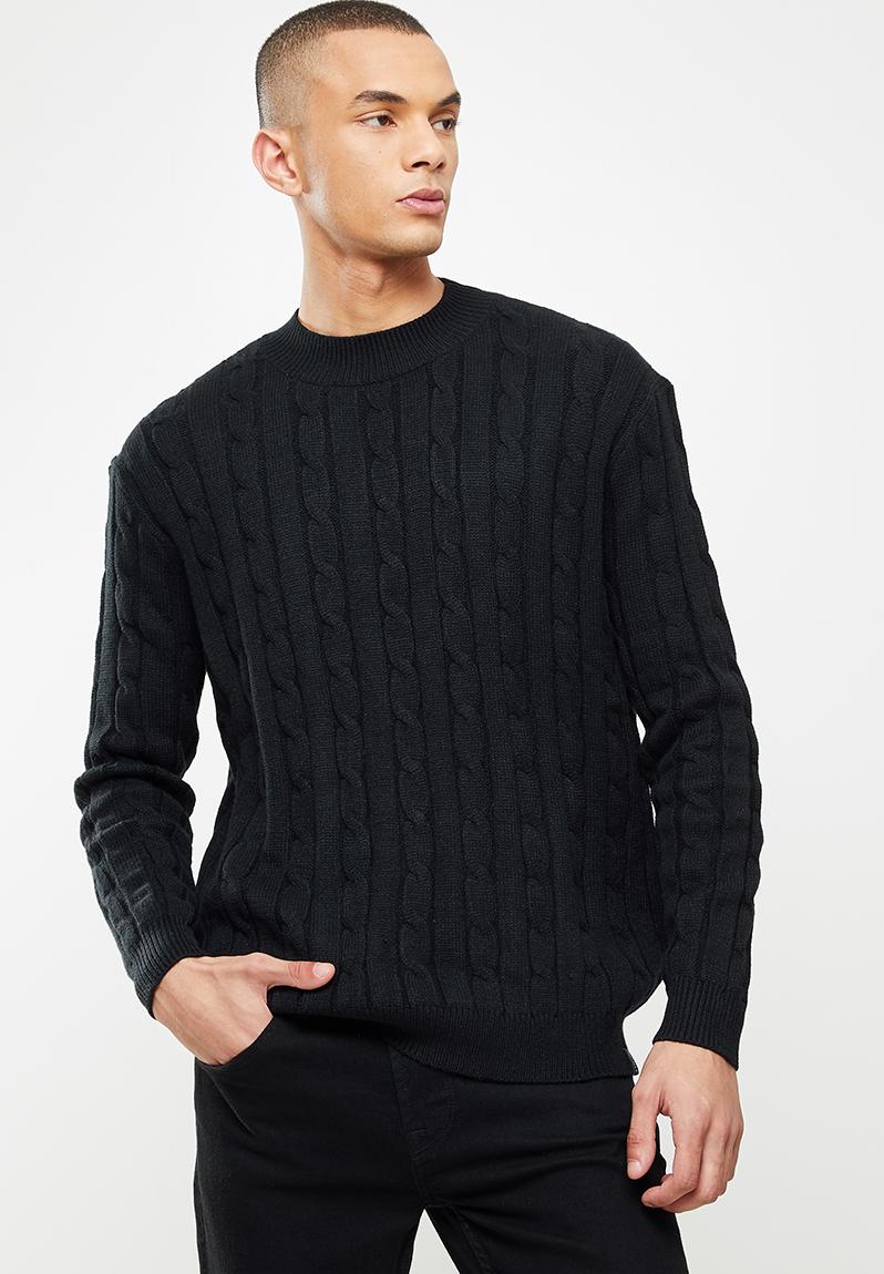 Men's cable knit crew neck sweater - oversized fit - black Jonathan D ...