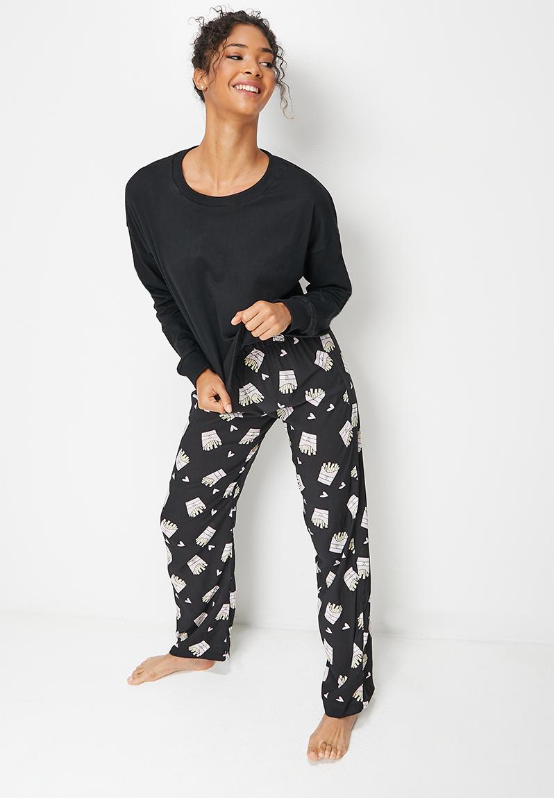 Boxy placement print top/printed wide leg sleep set - french fries