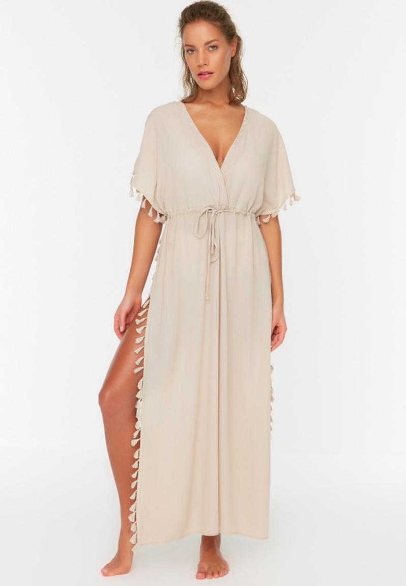 Jada Crochet and Tassel Kaftan Dress Beige