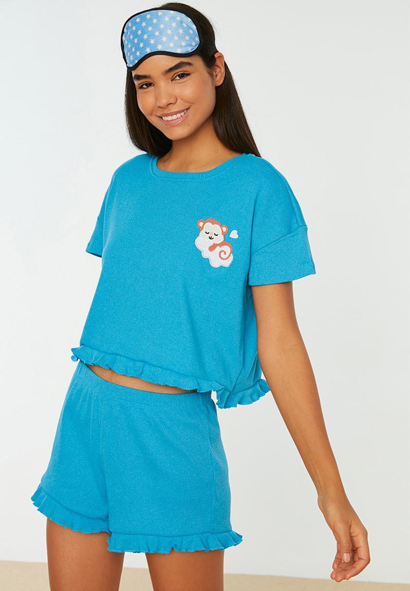 Embroidered camisole knit pajamas set - turquoise Trendyol Sleepwear ...