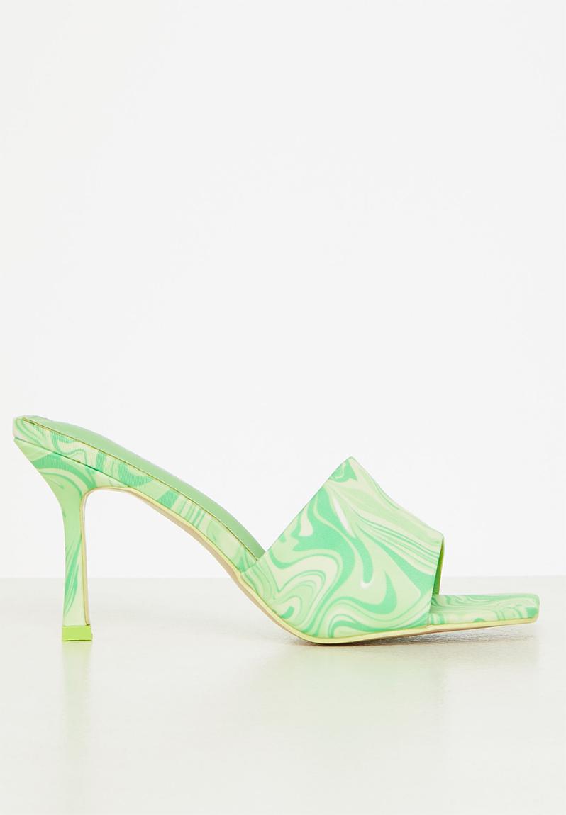 Swirl it square toe stiletto mule heel - lime print Public Desire Heels ...