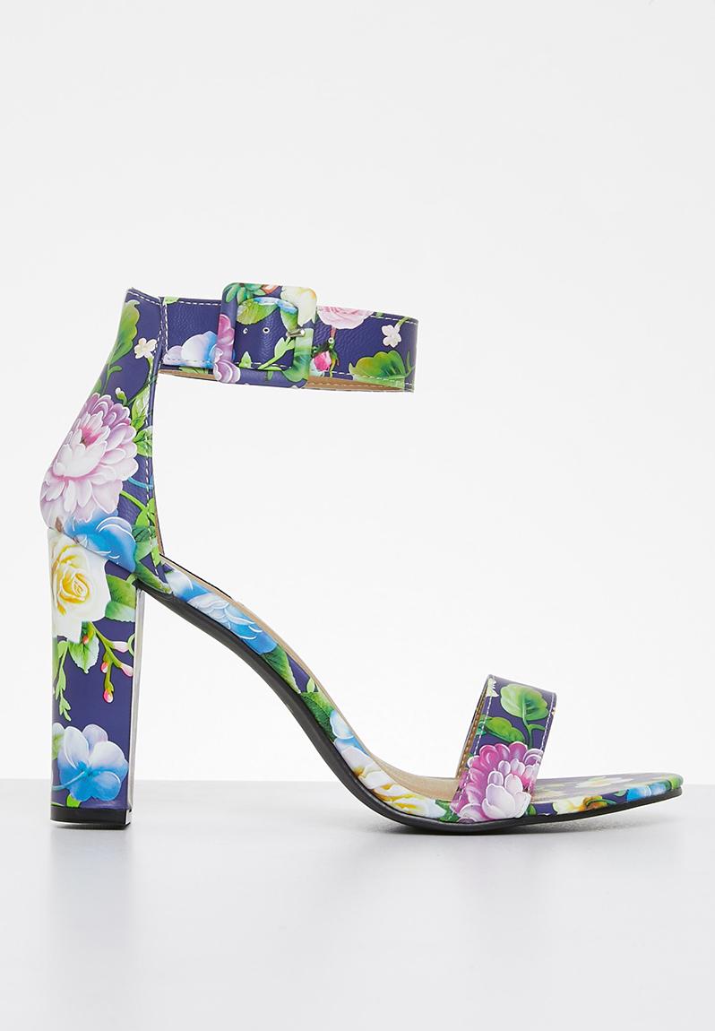 Angelique buckle tie block heel - navy floral Madison® Heels ...