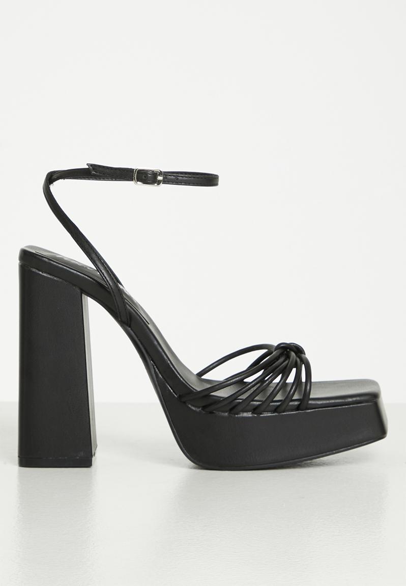 Boujee square toe strappy block heel - black grain pu Public Desire ...