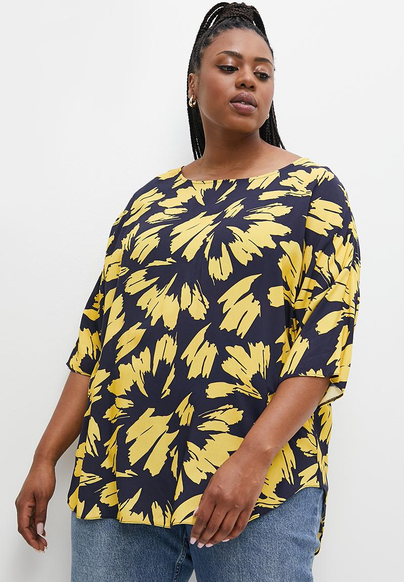 Printed basic woven bloue - yelllow mono leaf