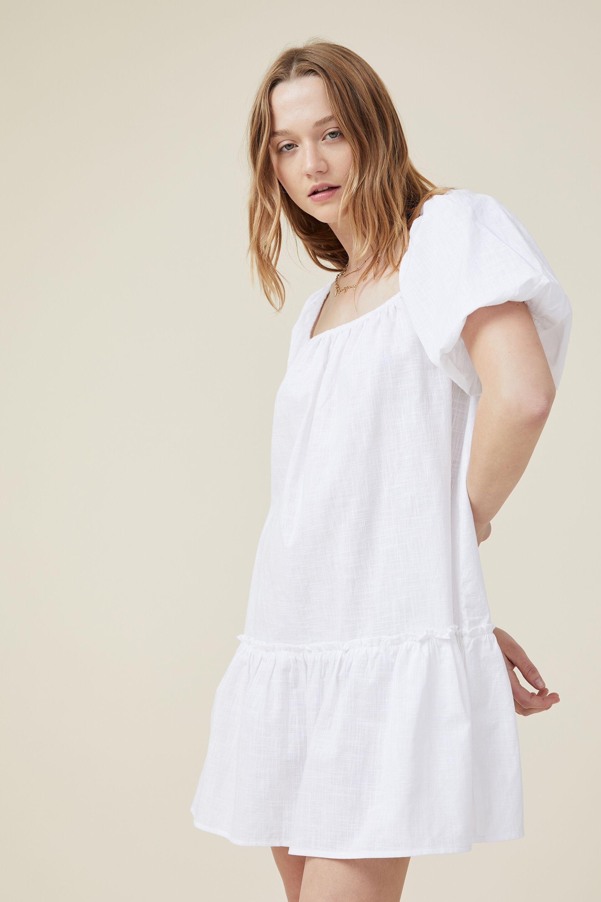 Carabella | White High-Neck Short-Sleeve Mini Dress