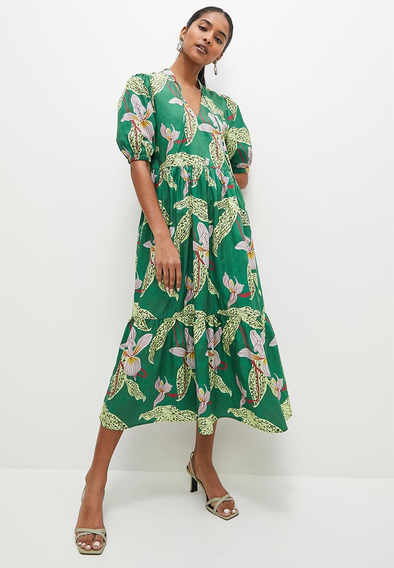 Printed tiered midi dress - green tropical Superbalist Casual ...