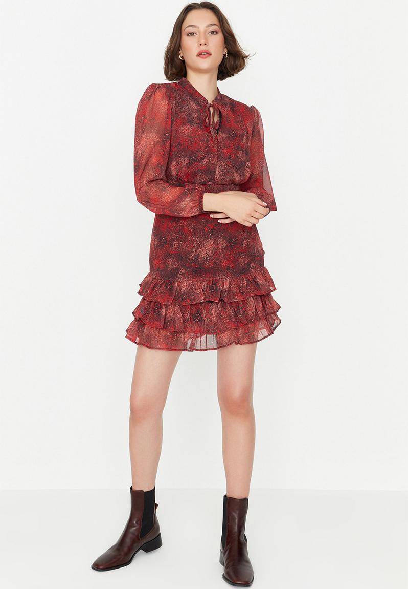 16719 Black Cutout Collar Ruffle Dress