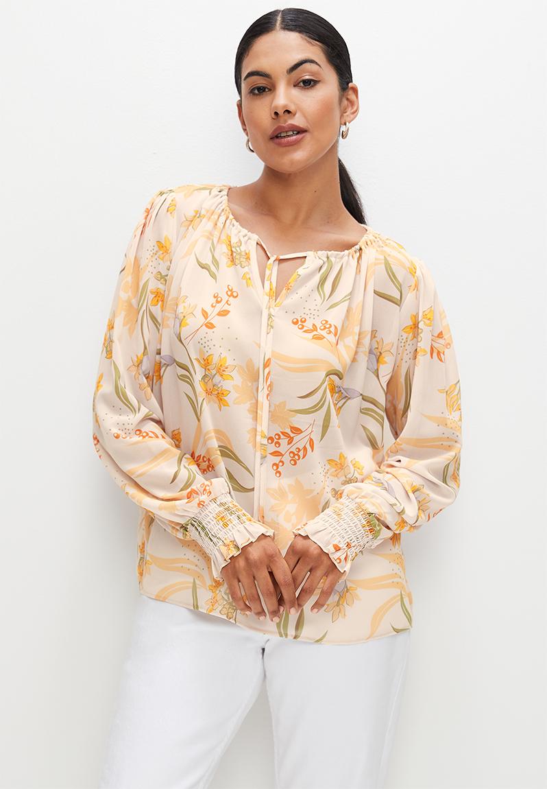 Chiffon shirred sleeve blouse - yellow flowers edit Blouses ...