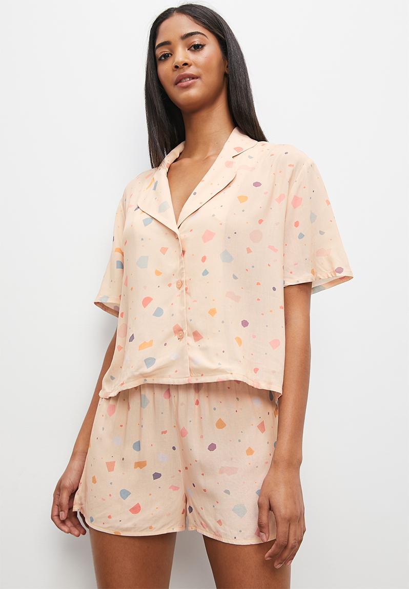 All over print viscose boxy shirt/shorts sleep set - terrazzo