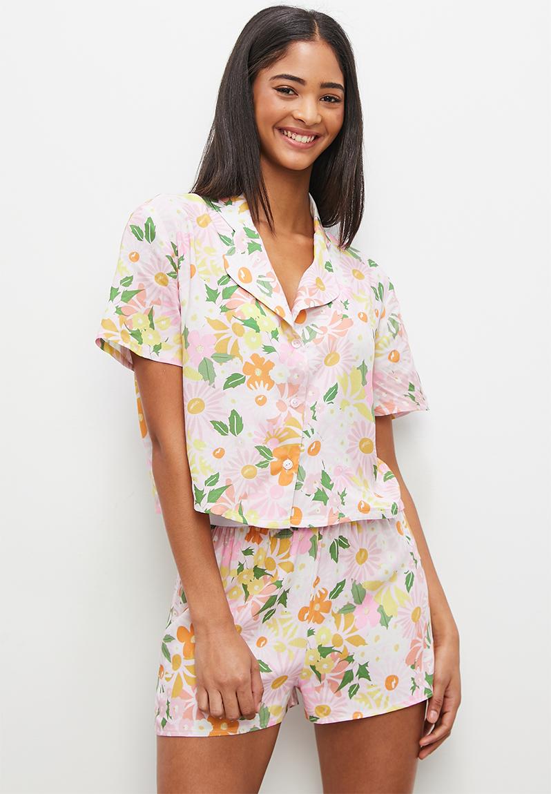 All over print viscose boxy shirt/shorts sleep set - florals