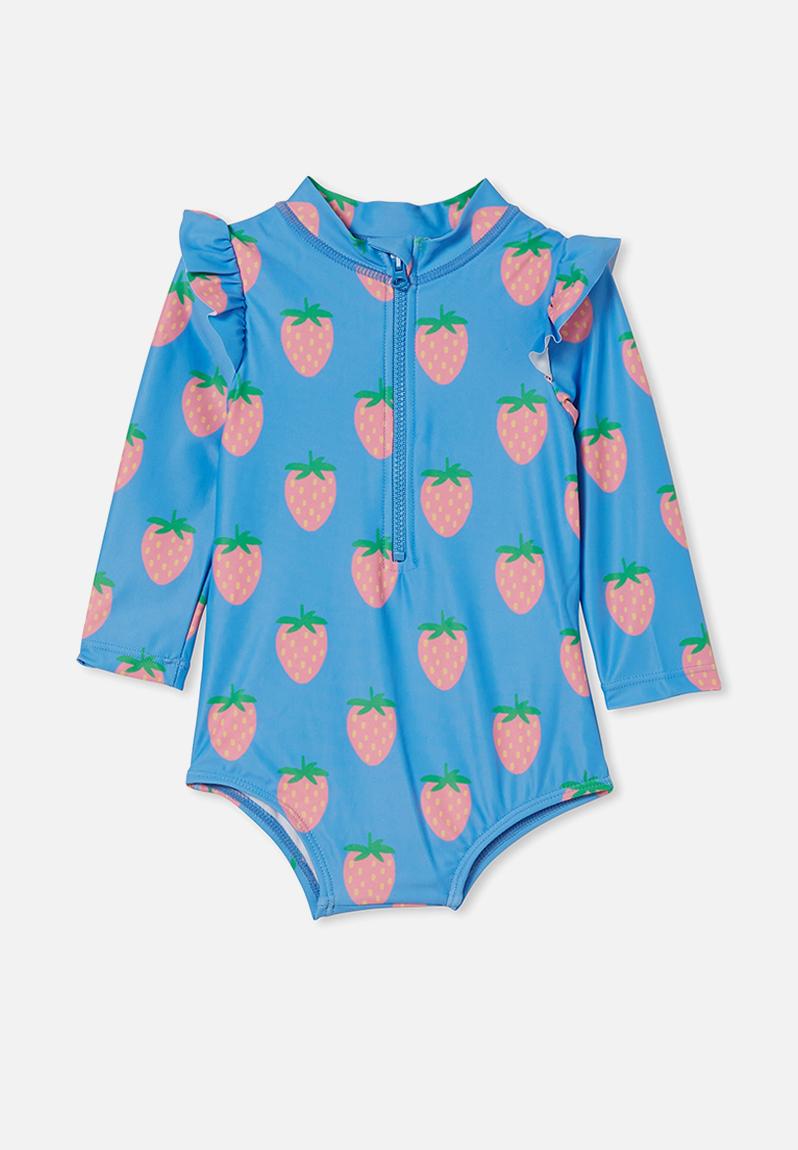 Nicky long sleeve ruffle swimsuit - bluebell & strawberry bliss Cotton ...