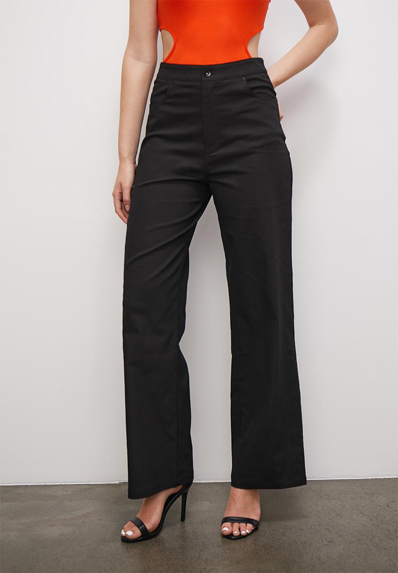 Black Cotton Flax Straight Fit Slip-on Trouser