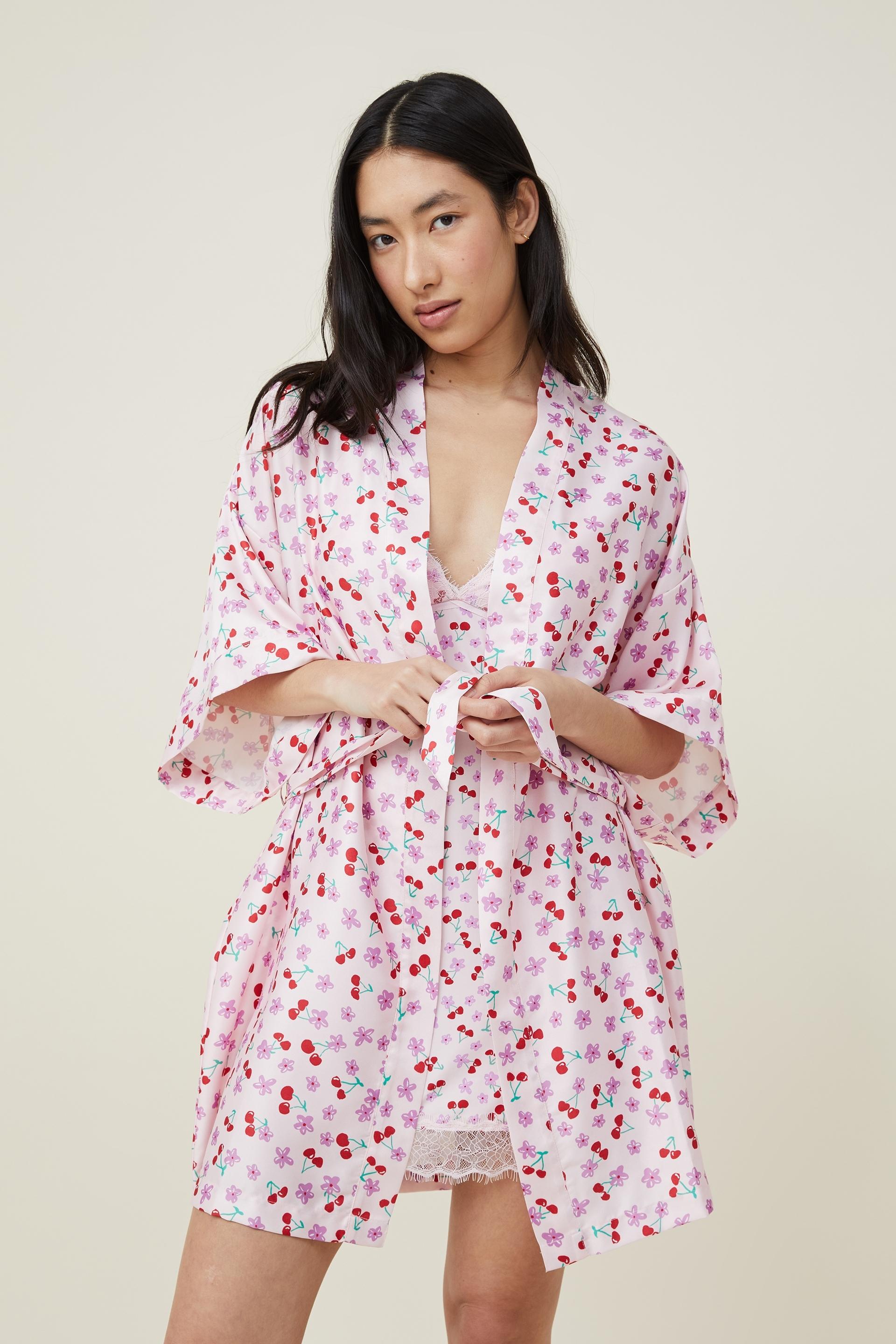 Satin robe - cherry floral pink