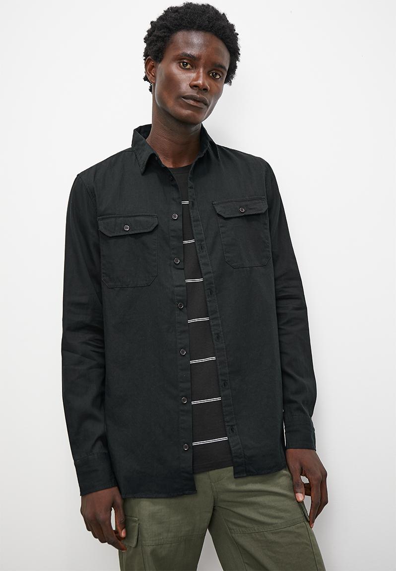 Slim fit long sleeve denim shirt - black Superbalist Shirts ...