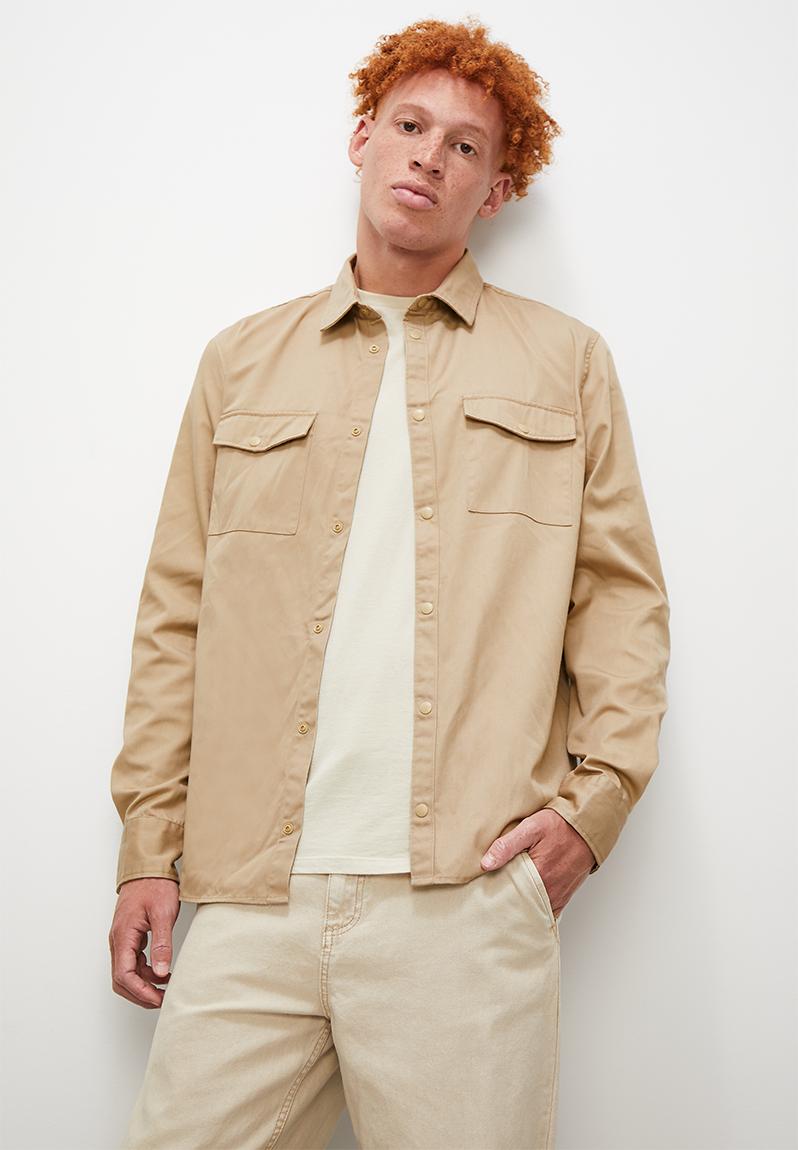 Regular fit long sleeve pocket detail overshirt stone Superbalist ...