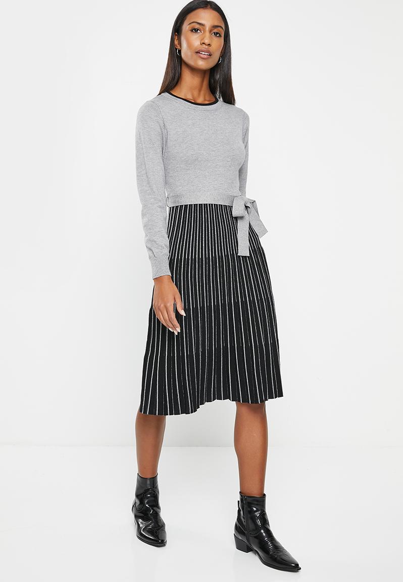 Grey with Charcoal Striped Pleated Dress